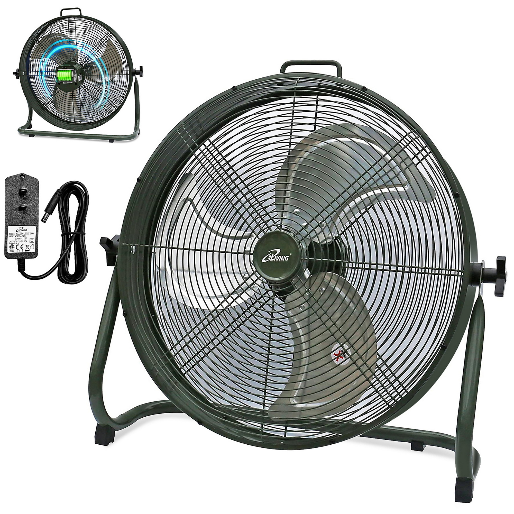Dr. Infrared Heater iLiving Rechargeable Battery Operated Camping Floor Fan — 18in., High Velocity, Metal Blade, 30-Hour Runtime, Military Green, Model# ILG8RX18